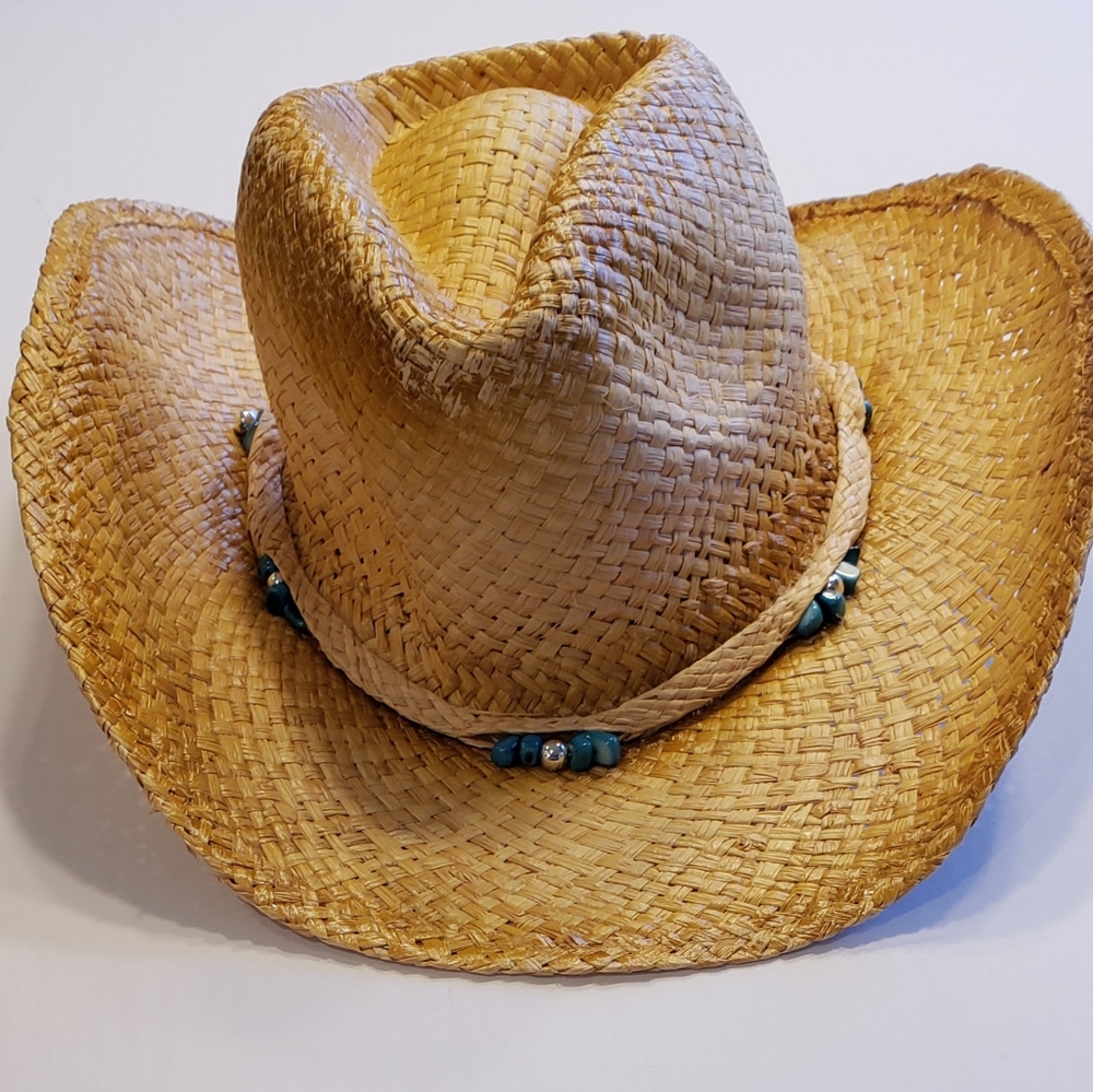 Women's Straw Cowboy Hat Turquoise Beads